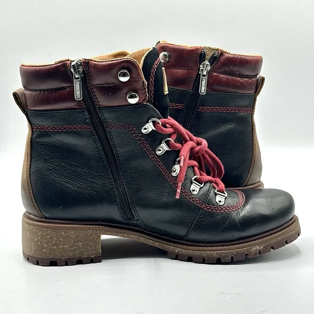 Pikolinos Aspe Leather Boots Womens 7.5-8 EU 38 Black Zip Hiker Red Lace Lug